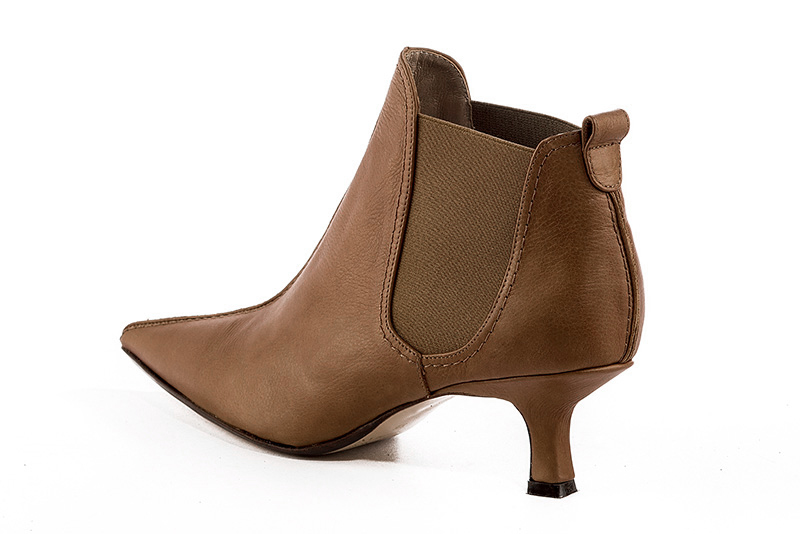 Caramel brown women's ankle boots, with elastics. Pointed toe. Medium spool heels. Rear view - Florence KOOIJMAN